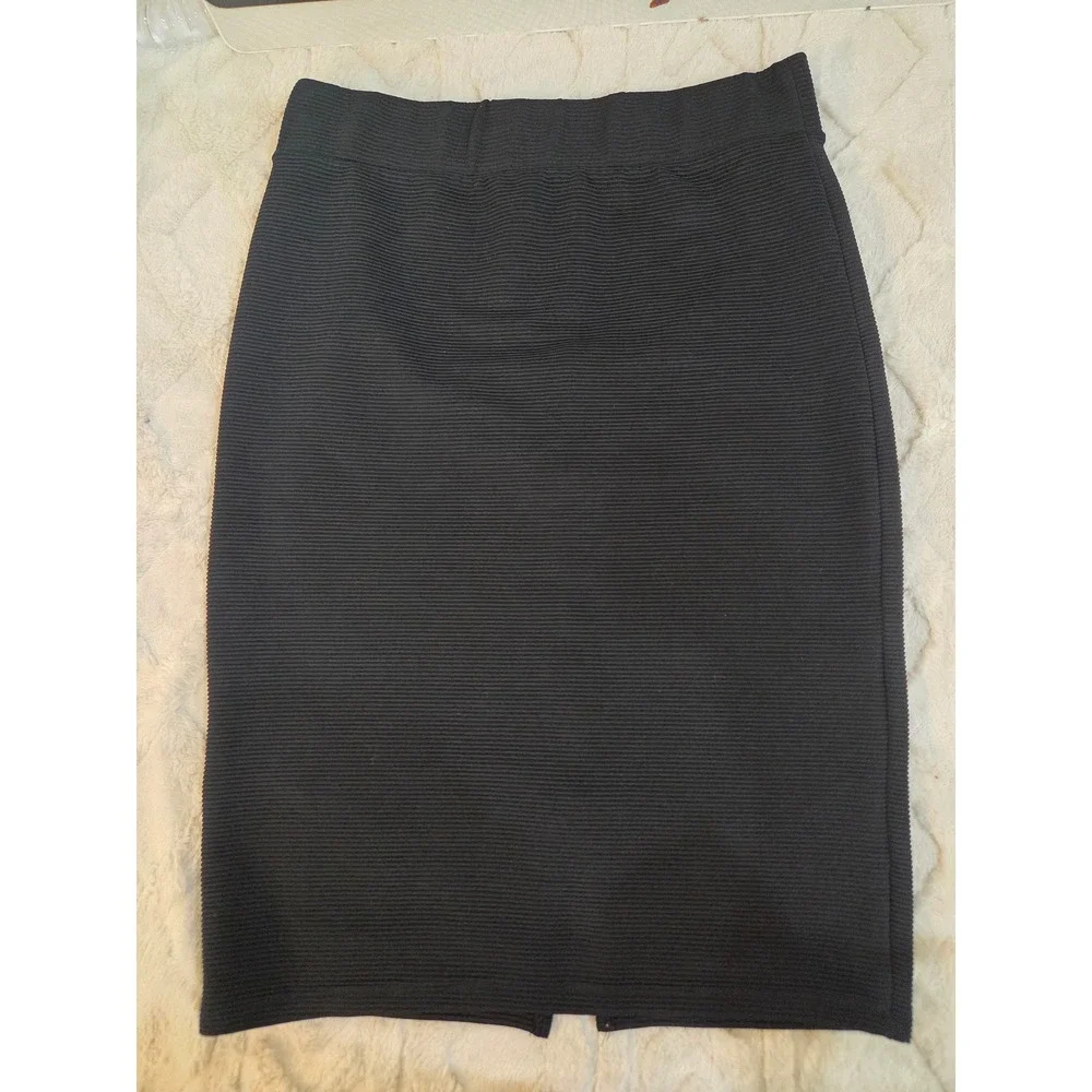 Y2K Fig & Blu Black Ribbed Pencil Skirt Elastic Waist Midi Stretch Vent Size M